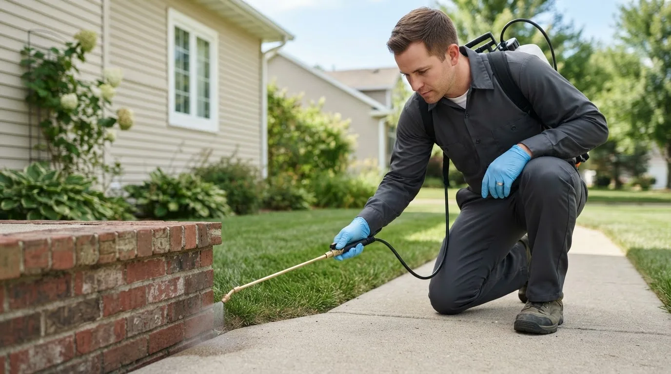 Pest control technician treating a home near Philadelphia, PA